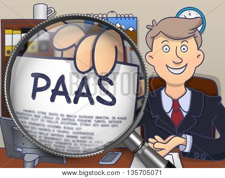 Businessman in Suit Showing Paper with Concept PAAS - Platform as a Service - through Lens. Closeup View. Multicolor Doodle Style Illustration.