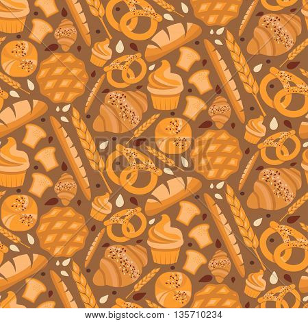 Seamless Pattern For Bakery Theme With Bread,loaf, Croissant, Cupcakes, Pretzel And Spike. Vector Il