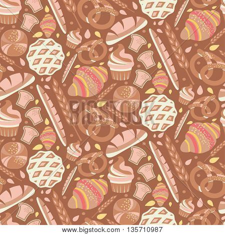 Seamless Pattern For Bakery Theme With Bread,loaf, Croissant, Cupcakes, Pretzel And Spike. Vector Il