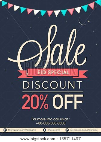 Eid Sale Poster, Sale Banner, Sale Flyer, Special 20% Discount Offer, Vector Illustration.
