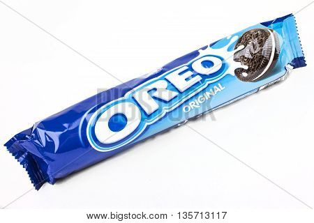 LONDON UK - MAY 6TH 2016: A packet of Oreo cookies isolated over a plain white background on 6th May 2016.