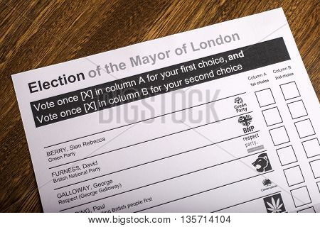 LONDON UK - APRIL 25TH 2016: A Ballot Paper for Mayor of London Election taken on 25th April 2016.