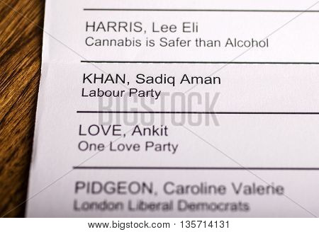 LONDON UK - APRIL 25TH 2016: The name of Sadiq Khan on a ballot paper for the Mayor of London Election taken on 25th April 2016. Sadiq Khan is the Labour Party candidate for the 2016 London Mayoral election.