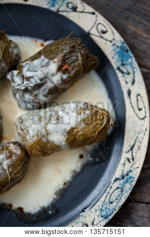 A plate with Romanian sarmale - stuffed vine leaves