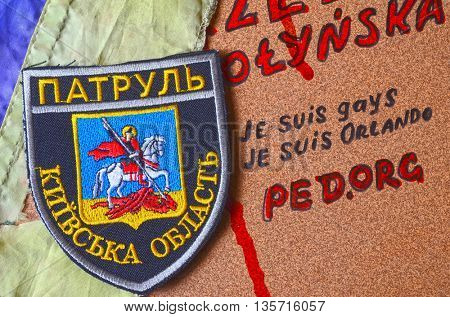 ILLUSTRATIVE EDITORIAL.Chevron of Ukrainian new pro-american occupational police.June 13,2016 in Kiev, Ukraine