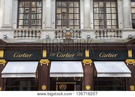 LONDON UK - APRIL 7TH 2016: The exterior of the Cartier store on New Bond Street in Mayfair London on 7th April 2016.