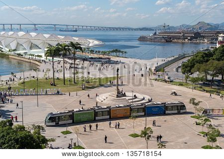 Rio de Janeiro, Brazil - June 14, 2016: New city tram VLT passing Maua Square. Recently inaugurated, it is the newest mode of public transportation in the city center.