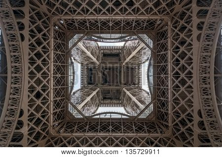 Eiffel tower bottom view industrial background, Paris, France.