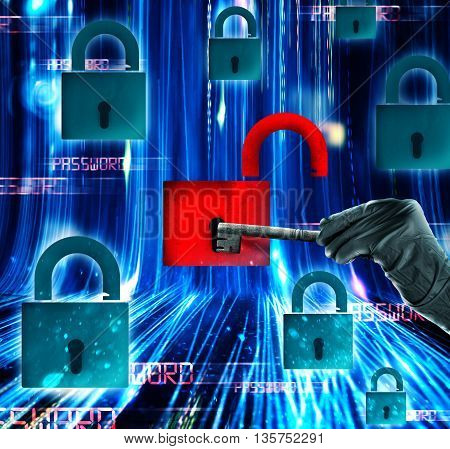 Open padlock with a key padlocks closed on the background