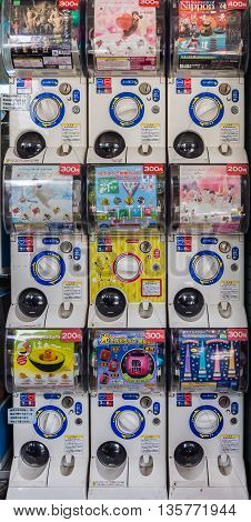 Tokyo Japan - April 9 2016: Gashapon or Capsule Station toy vending machine at Tokyo. When coins are inserted the machine returns a toy in capsule. Tokyo. Japan.