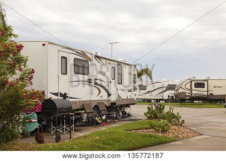 GALVESTON USA - APR 12: Trailer and Recreational Vehicles at a camping site at the Galveston Bay. April 12 2016 in Galveston Texas United States