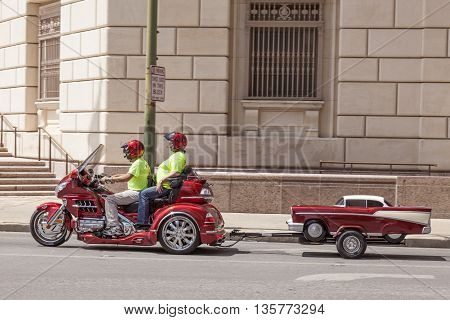 SAN ANTONIO USA - APR 11: Couple on the Honda Goldwing trike with a trailer. April 11 2016 in San Antonio Texas United States