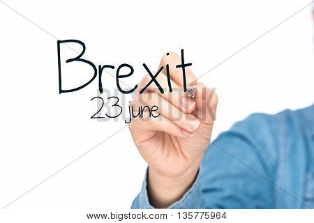 Human hand writing BREXIT on the screen.