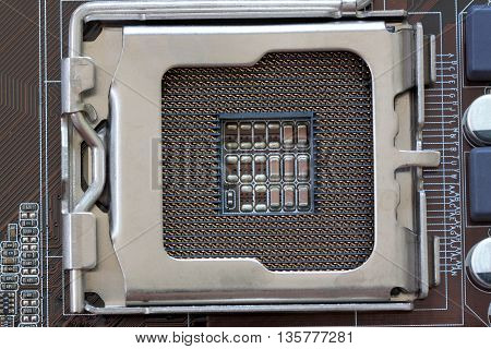 Socket electronics components on PC computer mainboard and have concept about technology.