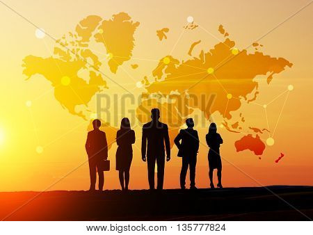 Global social networking concept with map abstract network and businesspeople silhouettes at sunset