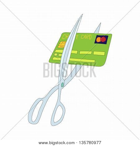 Scissors cutting credit card icon in cartoon style on a white background