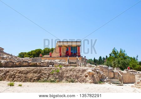 North Entrance with charging bull fresco at the Knossos palace on the Crete island Greece.