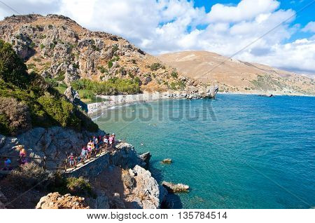 CRETEGREECE-JULY 23:Narrow path to the Preveli Beach on July 232014 on Crete Greece. The beach of Preveli is situated 40 km south of the main town and is the most idyllic beach in Crete.