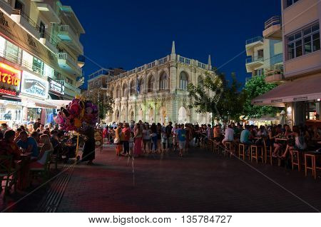 CRETEHERAKLION-JULY 24: Nightlife on Lions Square on July 242014 on the Cete island Greece. Lions Square is a square in HeraklionCrete.
