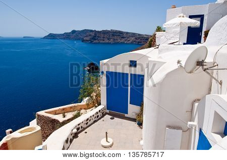 Oia town apartment on the edge of the caldera on the island of Thera also known as Santorini Greece.