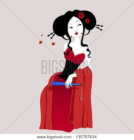 illustration of a beautiful geisha in red dress with fan in hand. very gentle and passionate woman with flowers in her hair. Suitable for business cards and flyers. Japanese menu. on a white background