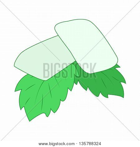 Chewing gum with fresh mint leaves icon in cartoon style on a white background