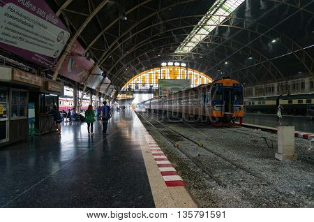 Bangkok Thailand - Dec 25 2015: Train on a platform on Hua Lamphong railway station in Bangkok