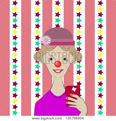 Selfie. The girl in the clown costume is photographed.
