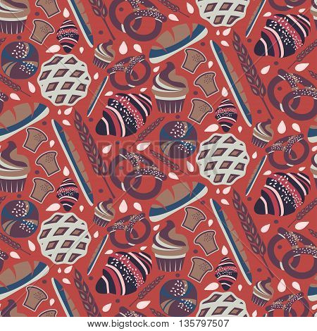 Seamless Pattern For Bakery Theme With Bread,loaf, Croissant, Cupcakes, Pretzel And Spike. Vector Il