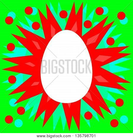 White egg with red rays and dots on green background. Raster illustration.