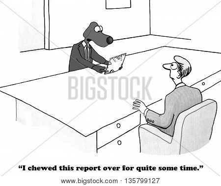 Business cartoon about thinking too long before writing a report.
