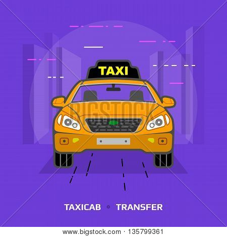 Flat illustration of taxi car against violet background. Flat design of taxicab, front view. Vector image about transport, taxi, transfer, cab, passenger transportation, vehicle, hackney carriage, etc