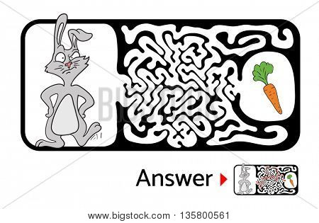 Maze puzzle for kids with rabbit and carrot. Labyrinth illustration, solution included.