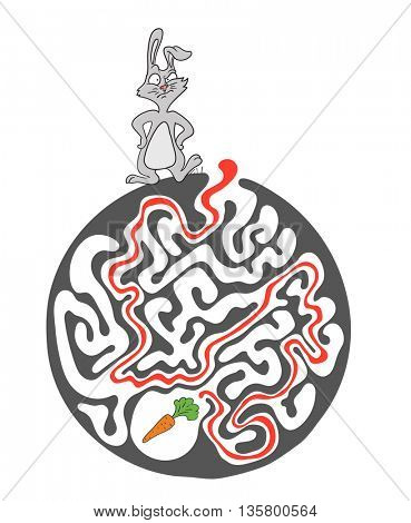 Maze puzzle for kids with rabbit and carrot. Labyrinth illustration, solution included.