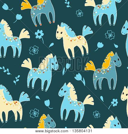 Seamless pattern with cute cartoon horses and flowers. Vector illustration.