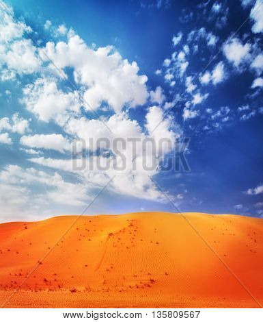 Beautiful desert landscape, bright orange sandy dune over blue cloudy background, beauty of wild area,  Abu Dhabi, Liwa, UAE, Middle East