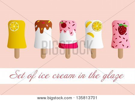 Drawing of set with five plombir ice cream in the fruit and chocolate glaze