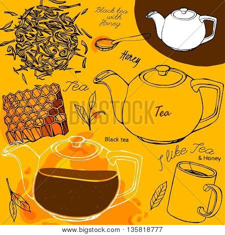 Hand drawn tea time image in artistic style. Vector editable illustration on a bright yellow background. White ceramic teapot, honey, mug and spoon, tea leaves. Menu element for cafe or restaurant
