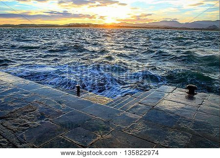 Sunrise in the port of Santander in summer