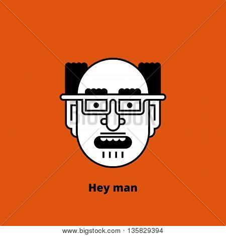 Cartoon character - mad bald man. Retro design of avatar, t-shirt print, or logo. Thin lines. Stock vector illustration.