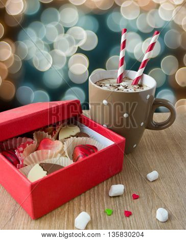Hot chocolate with marshmallow and chocolates for valentine's day