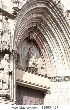 Facade of Catalan Gothic church Santa Maria del Mar Barcelona Spain.