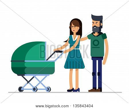 Young married couple walking with they newborn child