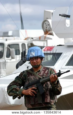 TYR, LEBANON-OCTOBER 21, 2006: Unidentified Turkish UN vehicle on patrol on October 21, 2006 in Tyr, Lebanon