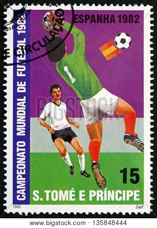 SAO TOME AND PRINCIPE - CIRCA 1982: a stamp printed in Sao Tome and Principe shows Goalie Catching Ball from Emblem in Front of Goal circa 1982
