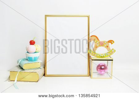 Golden Frame mockup. Place your work. Horse and book with ice cream. Template print art, shabby style, white background.