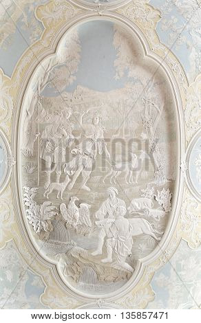 OEIRAS, PORTUGAL - November 4, 2015: Magnificent rococo stucco ceiling in the Palace of Oeiras on November 4, 2015 in Oeiras, Portugal