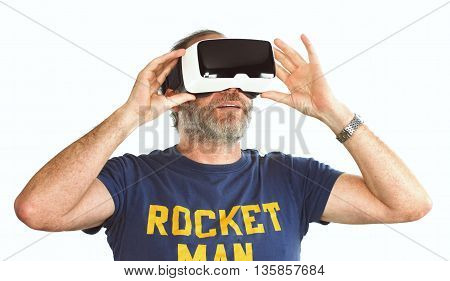 Mature Man Wearing Virtual Reality Googles / Vr Glasses