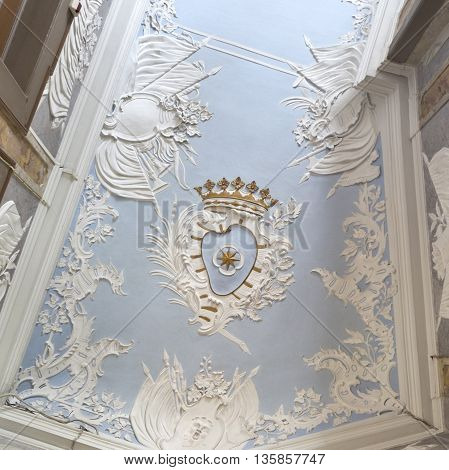 OEIRAS, PORTUGAL - November 4, 2015: Detail of a magnificent rococo stucco ceiling of the Concordia Room in he Palace of Oeiras on November 4, 2015 in Oeiras, Portugal