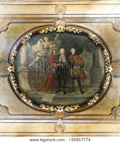 OEIRAS, PORTUGAL - November 4, 2015: 18th century painting on stucco (possibly by Joana do Salitre) depicting the Marquis of Pombal and his brothers in Palacio de Oeiras on November 4, 2015 in Oeiras, Portugal